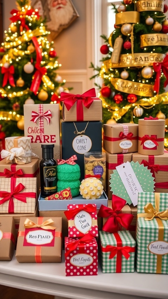 A collection of unique Christmas gifts beautifully wrapped and displayed in a festive setting.